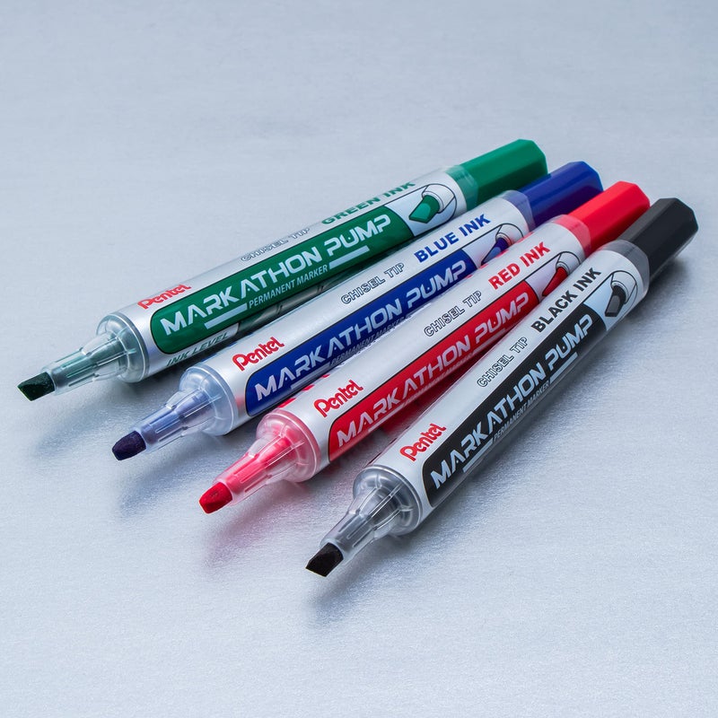 Pentel Markathon Pump Permanent Marker, Chisel Tip, Assorted Colors, 4 Pack (NLF60XBP4M) - Image 2